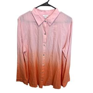 J. Jill Light Pink Collared Long Sleeve Ombre Tie Dye Linen Blend Blouse Size L